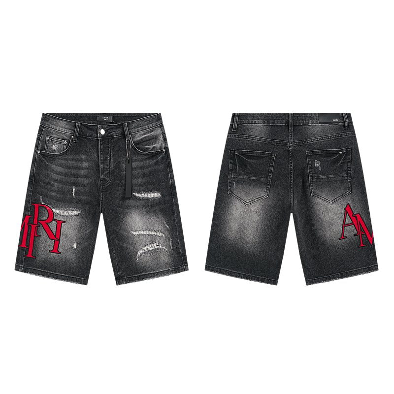 AMIRI Washed Black Embroidered Denim Shorts — hero