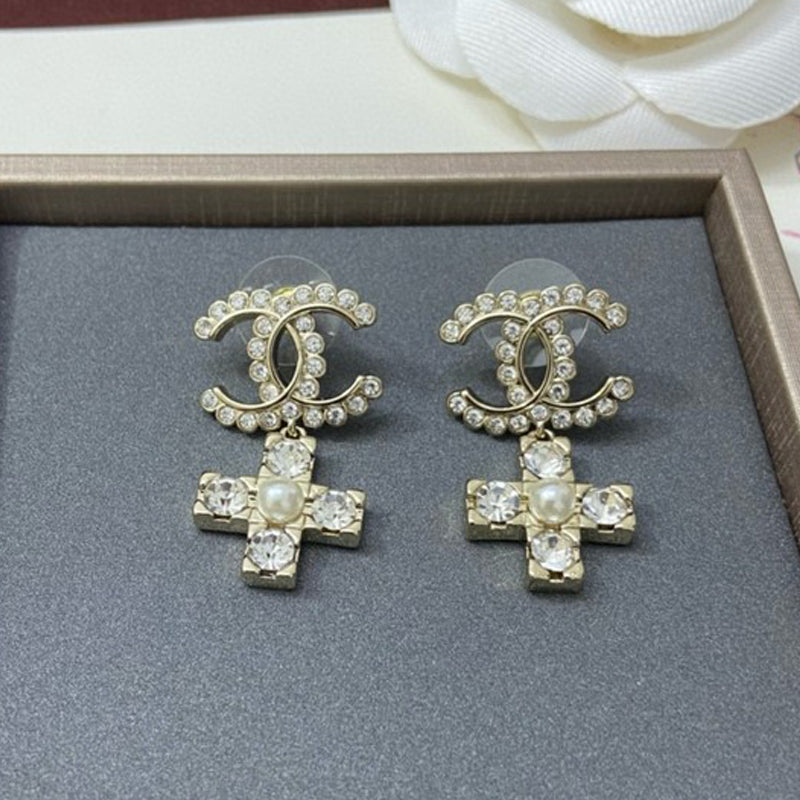 Chanel Cross Pearl & Diamond 18K Gold Earrings
