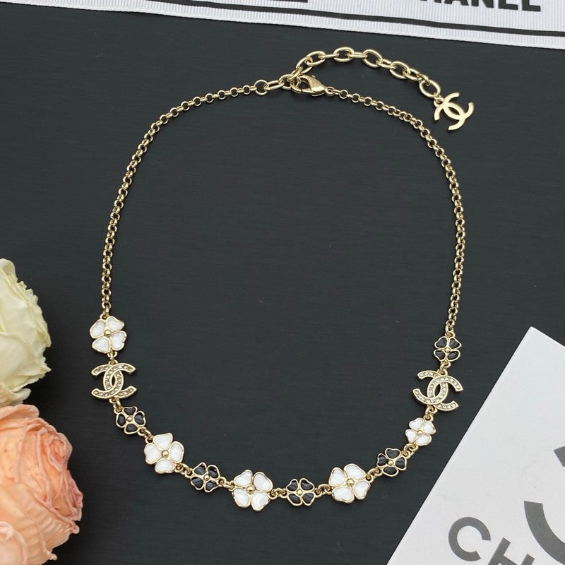 Chanel Black & White Camellia 18K Gold Necklace