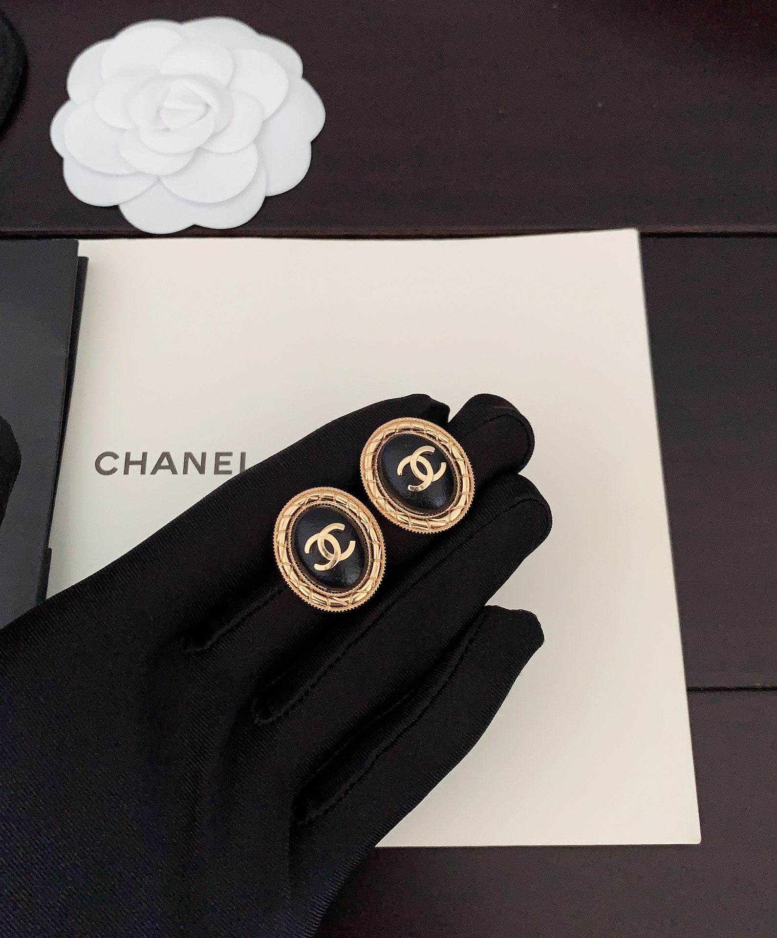 Chanel Oval Leather 18K Gold Earrings
