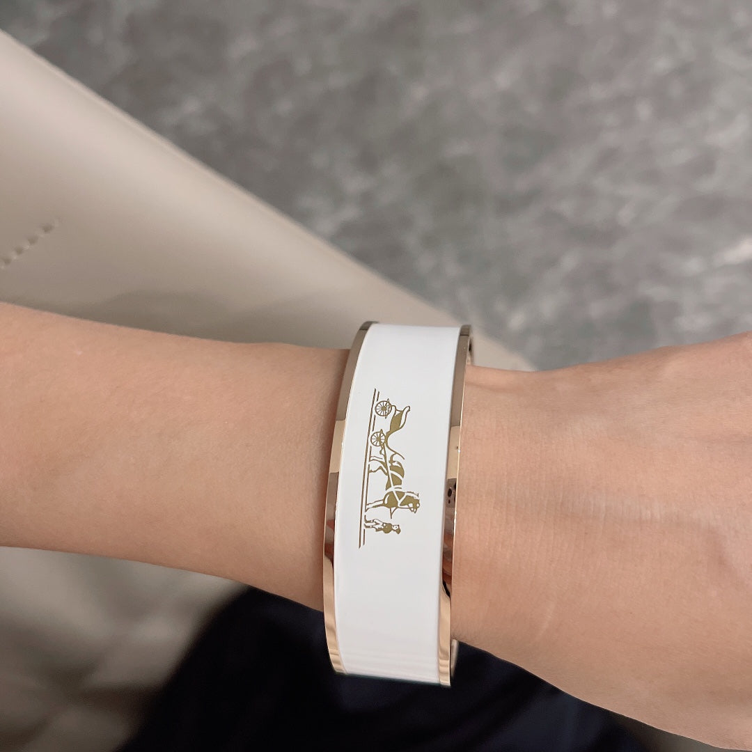 Hermes Enamel Cal ̈ ̈che Wide Bangle 18K Gold Bracelet