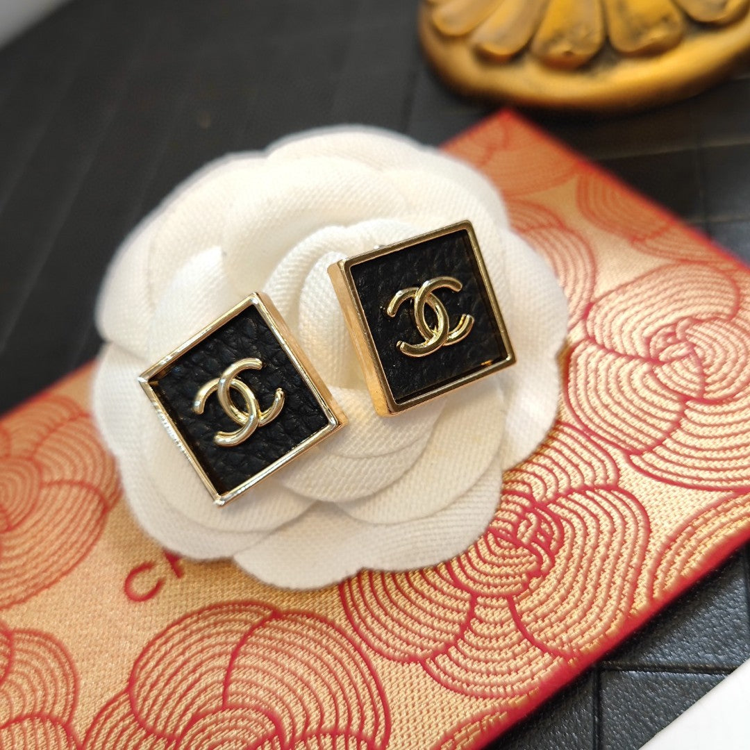 Chanel Black Square 18K Gold Earrings
