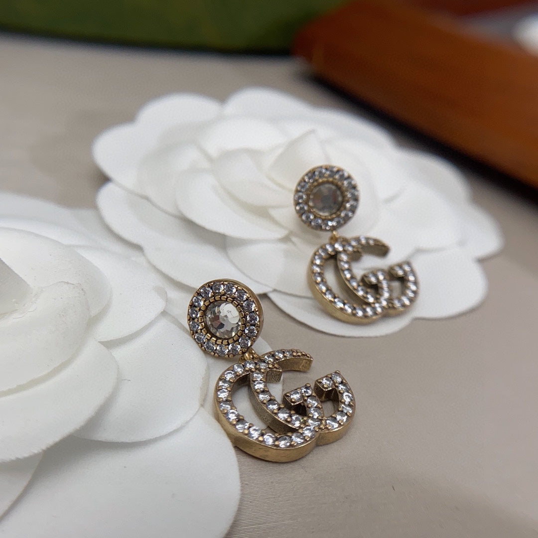 Gucci Double Crystal Pendant 18K Gold Earrings