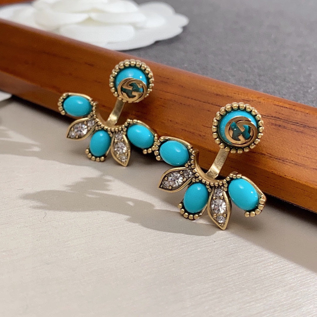 Gucci Double Blue Flowers 18K Gold Earrings