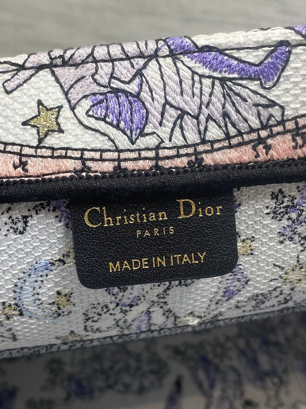Dior 25S Lucky Medium Book Tote 36 in White and Purple Dior Night of Dreams Embroidery