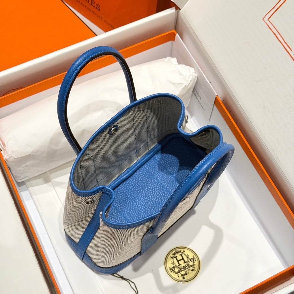 Hermes Garden Party 23cm in White Mix Black Toilets Cotton Canvas and Blue Calfskin Bag