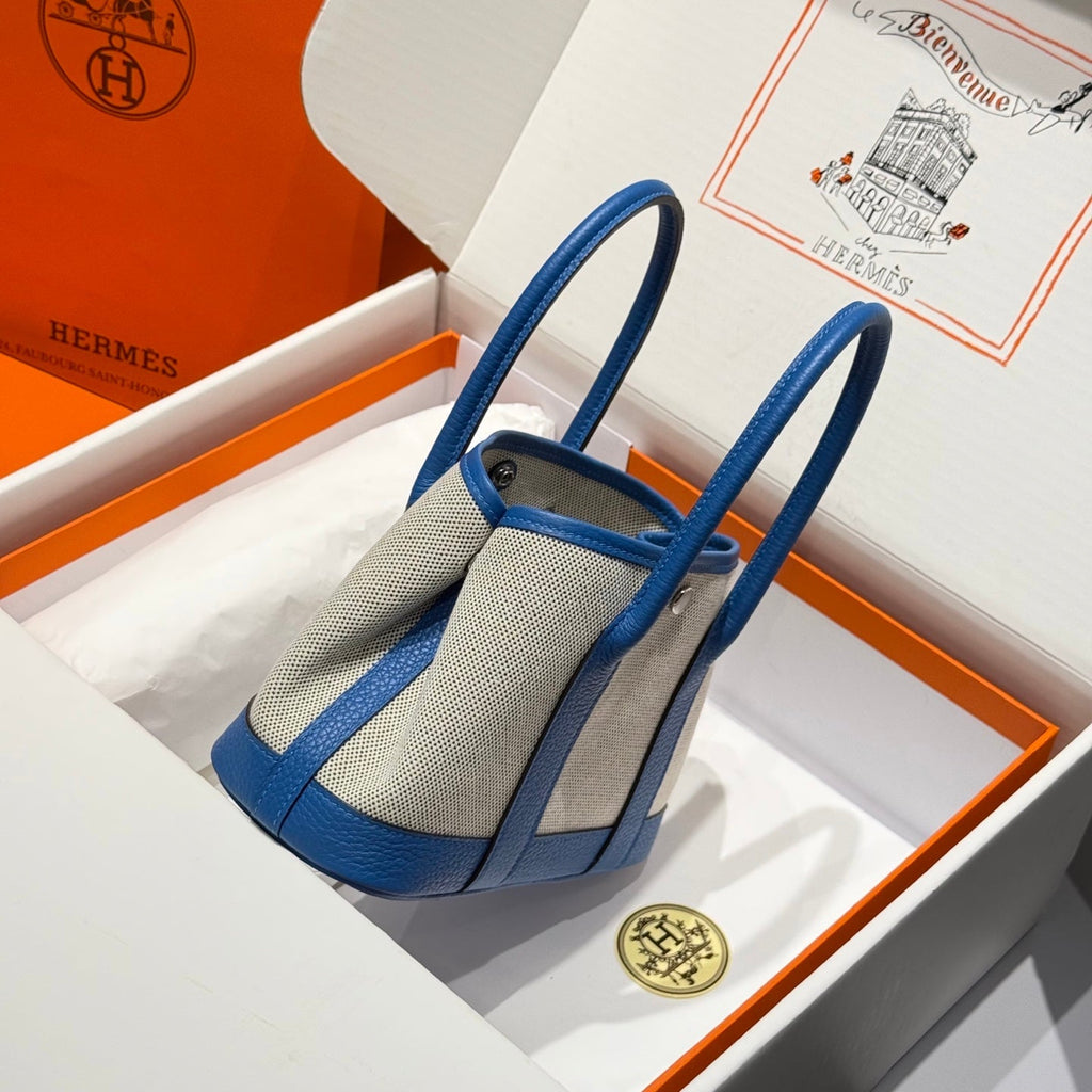 Hermes Garden Party 23cm in White Mix Black Toilets Cotton Canvas and Blue Calfskin Bag