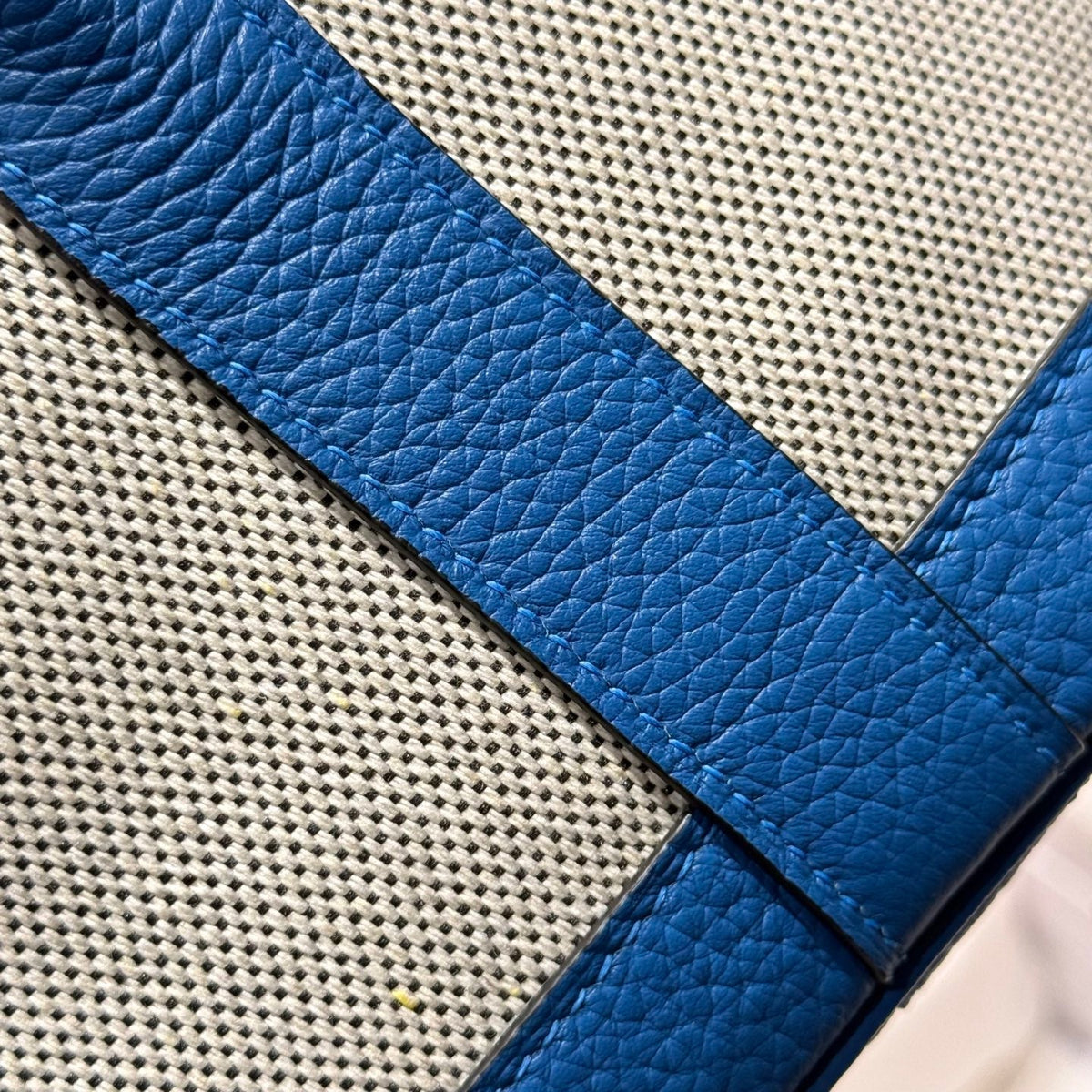 Hermes Garden Party 23cm in White Mix Black Toilets Cotton Canvas and Blue Calfskin Bag