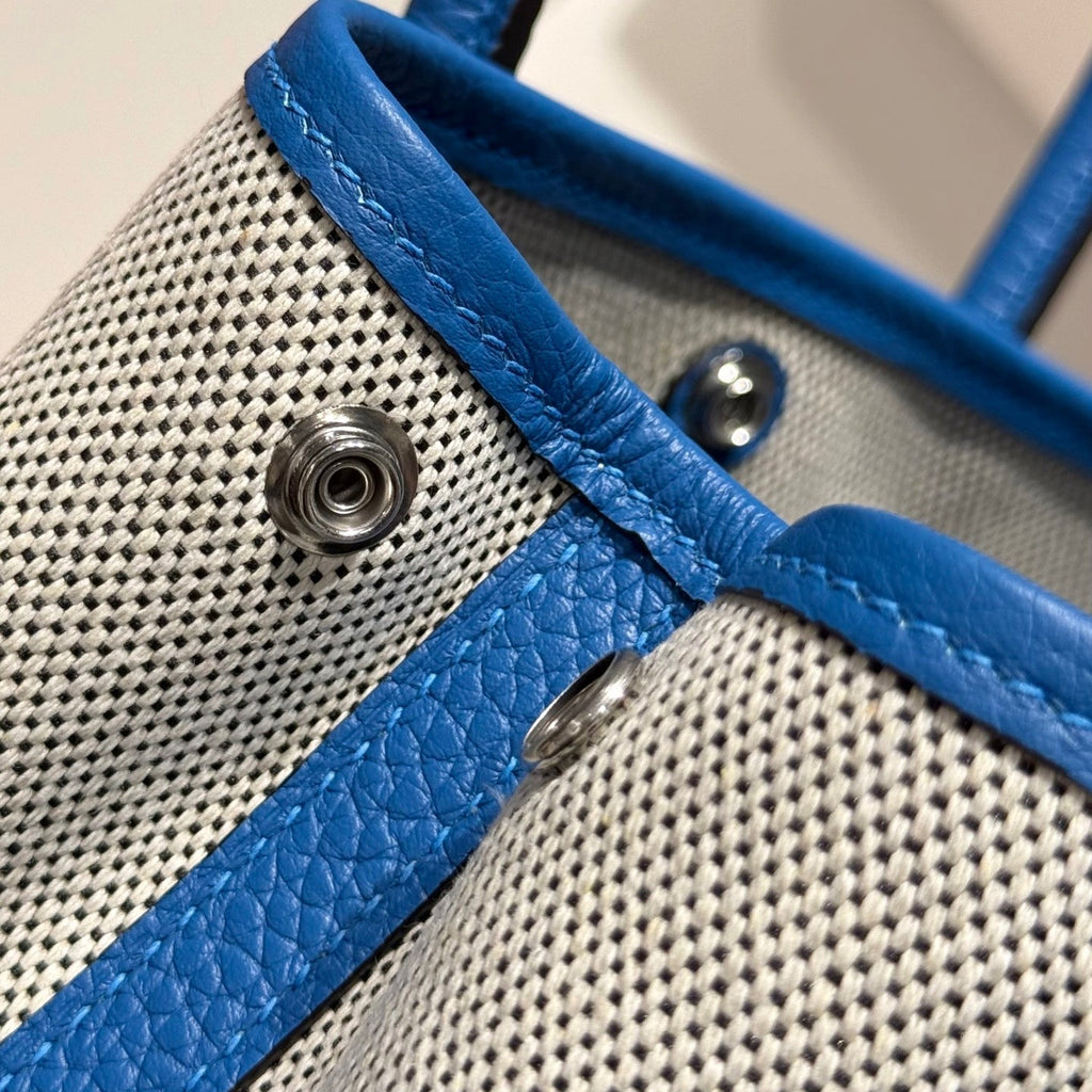 Hermes Garden Party 23cm in White Mix Black Toilets Cotton Canvas and Blue Calfskin Bag