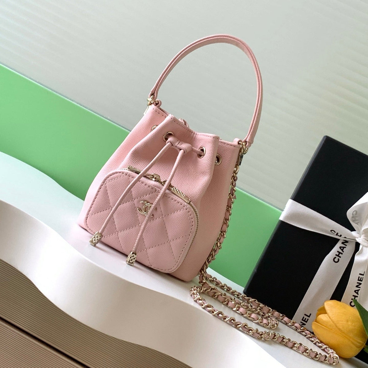 Chanel 25S Mini Bucket Bag 12 in Pink Calfskin Gold Hardware